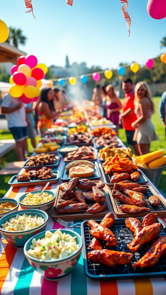 A festive barbecue table with pulled pork sandwiches, chicken wings, coleslaw, and corn for a Sweet 16 celebration.